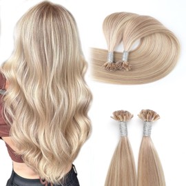 ABH AMAZINGBEAUTY HAIR U Tip Human Hair Extensions Ash Blonde Highlights Golden Blonde U Tip Fusion Hair Extensions Soft Straight Remy Human Hair 50g/s 14 Inch #P16-22