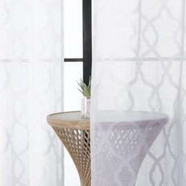 OWENIE Sheer White Curtains 45 Inch Length 2 Panels, Geometric Jacquard Clip Textured Short Sheer Curtains for Small Window, Modern Elegant Bathroom Curtains Panels/Drapes Semi Sheer, Each 42x45 inch