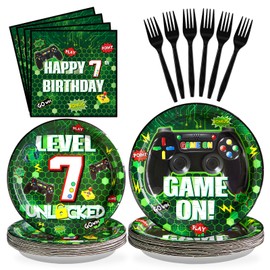 Grencian 96Pcs 7th Birthday Party Decorations Green Video Game Paper Plates Disposable 7th Birthday Paper Tableware Set for Boys 7 Year Old Video Gamer Birth-day Gaming Party, Serves 24