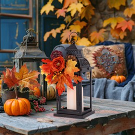 NEEDOMO Fall Decorations for Home, 15'' Candle Lantern Decorative Thanksgiving Indoor Outdoor Decor, Vintage Metal Hanging Lanterns with Fall Teardrop & Candle for Patio, Front Porch,Yard, Table