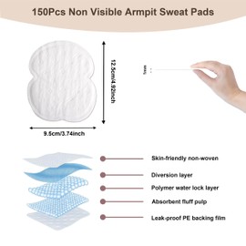 150 Pcs Underarm Sweat Pads, Armpit Sweat Pads for Women Men, Disposable Comfortable Invisible Sweat Pads Under Arm Pads Armpit Pads for Clothing Sweating Armpit Shield