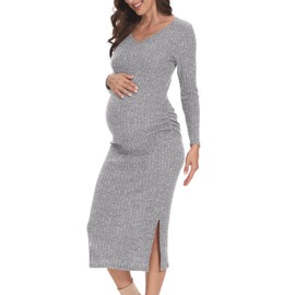 LAHILO V-Neck Maternity Sweater Dress, Fall Maternity Dress, Long Sleeve Side Ruch Knit Ribbed Maternity Bodycon Dress Light Gray