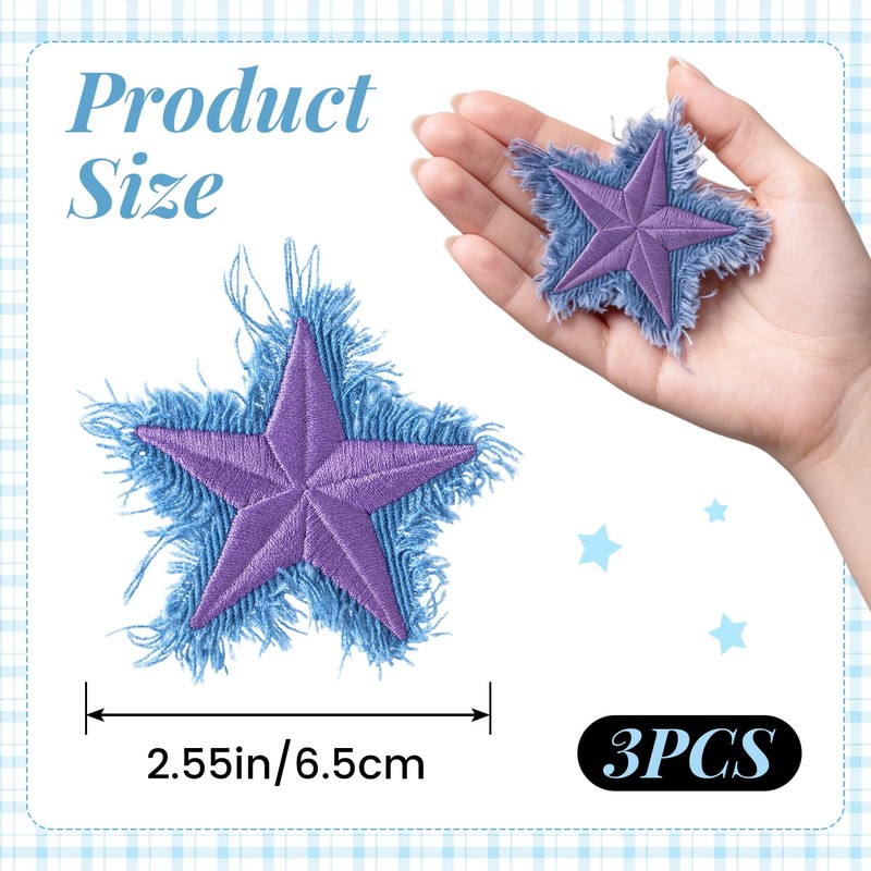 3pcs Denim Star Iron on Patches, 2.55in, Purple