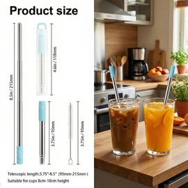 Foweroty 2 Pack Reusable Telescopic Stainless Steel Straw - Portable Collapsible Metal Straw with Silicone Tip & Brush, Adjustable 3.7"-8.5" for Travel, Cruise (Purple+Blue)