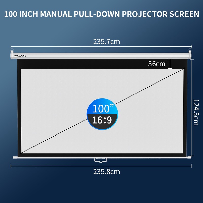 WASJOYE 100'' Manual Pull Down Projector Screen - 4K HD
