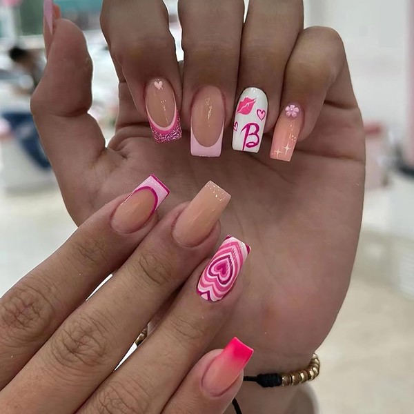 Press on Nails Medium Square Pink 24Pcs Glossy Full Cover