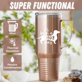 Onebttl Dachshund Gifts for Women, Funny Sausage Wiener Gifts for Dog Lovers, Owners, It's Been A Long Day, 40Oz Stainless Steel Tumbler with Handle, Lid and Straw, Rose Gold