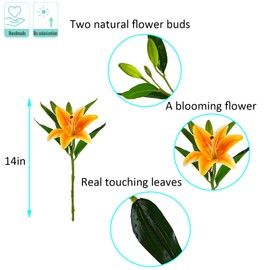 Kimura's Cabin 6Pcs Artificial Tiger Lily Flowers Real Touch Plastic Easter Spring Fake Lilies Bouquet Wedding Table Centerpiece Home Office Decor, Cemetery Grave Decorations (Orange Yellow)