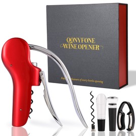 QONYFONE Wine Bottle Corkscrew Opener, Vertical Lever Corkscrew 5-Piece Set, Manual Vertical Design, Includes Wine Foil Cutter, Extra Spiral, Wine Pourer and Wine Stopper, Elegant Gift Box, Red