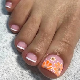 Ceboic 24Pcs Press on Toenails Short Square, 12 Sizes French Nude Pink Stick on Toenails, Full Cover False Toe Nails with Yellow Flowers Design, Artificial Natural Fake Toe Nails for Women and Girls