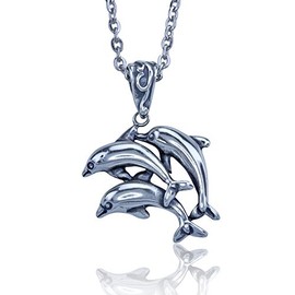 NAUTORA Three Jumping Dolphin Pendant Made of Sterling Silver with 18 Inch Necklace Chain