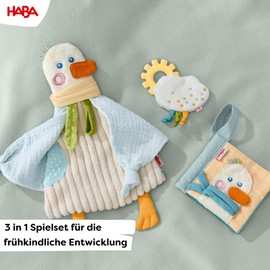 HABA 2012332001 3-in-1 Baby Goose Playset with Fabric Book, Grasping Toy and Comforter, Extra Soft Fabric, Discovery Elements for Children from 0 Years