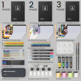 ARTEZA Creative Kickstarter: Art Exploration Set - Passports with Gel Pens, Watercolors, Acrylic Paints, Brushes, and More, Phased Art Journey, 60 pcs