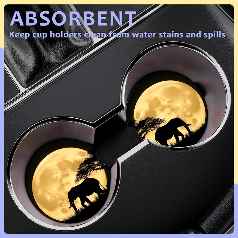 2 Pack Car Cup Holder Coaster-Elephant Full Moon Absorbent Ceramic
