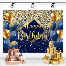 Happy Birthday Backdrop Banner, Blue Gold Birthday Party Backdrop, Large Happy Birthday Sign Banner, Birthday Party Background Decoration Banner for Girls Boys Birthday Photo Props Backdrop (B)