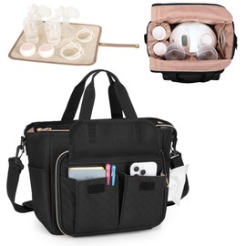 LUXJA Breast Pump Bag Compatible with Spectra S1 and S2 (with a Waterproof Mat), Pumping Bag for Breast Pump and Extra Parts, Black