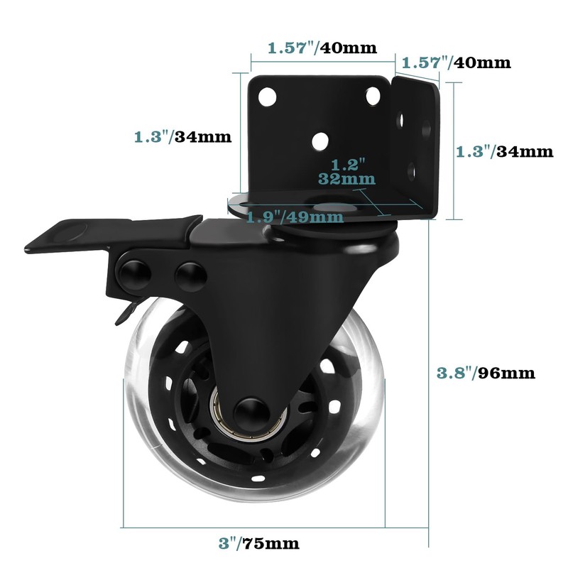 Side Mount Industrial Casters, MALLLALA 3" Heavy Duty L-Shaped Bracket