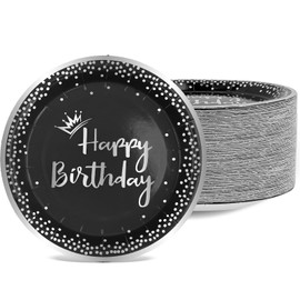 Kaxtde 100 Pieces Black and Silver Party Paper Plates, 7 Inch Disposable Dessert Plates with Foil Polka Dots, Happy Birthday Paper Plates for Party Supplies Decorations