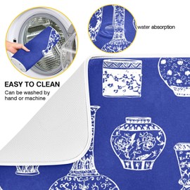 susiyo Vintage Ink Chinese Vases Blue Dish Drying Mats with Hanging Loop Reversible Absorbent Microfiber Fastest-Drying Rack Pads Dishes Drainer Mats 16''x18'' for Kitchen Countertops Sinks