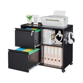 Yizosh 2-Drawer Metal File Cabinet with Lock, Mobile Lateral Filing Cabinet, Printer Stand with Adjustable Storage Shelves for Home Office (Black)