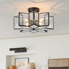 Star Flush Mount Ceiling Light Copper Close to Ceiling Lights 16.3in Black Lighting Fixtures 4-Light Bedroom Ceiling Lamp with Clear Glass, E12