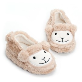 ESTAMICO Baby Toddler Girls Warm Fleece Slippers Cute Cartoon Winter Soft Cozy Non-slip Plush Home Shoes, Beige, US 9-10 M