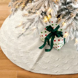 S-DEAL Knitted Christmas Tree Skirt, White 32 Inches Thick Rustic Tree Skirt for Xmas Decoration