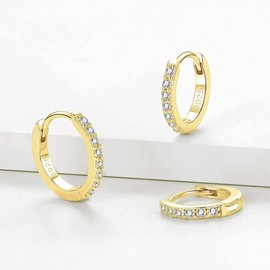 Deyanse Silver Hoops Earrings for Women, 925 Sterling Silver Gold Hoop Earrings with Cubic Zirconia, Sterling Silver Small Sleeper Huggie Hinged Hoop Earrings, 14mm Silver Unisex Hoop Earrings