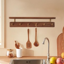 Mayhas Solid Wood Shelf with Hooks, 18.9 inch Coat Rack Wall Mount, Shelves with 6 Brass Hooks for Hanging in Entryway, Living Room, Bathroom, Bedroom, Kitchen(Walnut)