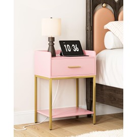 AEPOALUA Nightstand with Charging Station,Bedside Table with Drawer and 2 Shelf Storage, Small Side Table, Modern Pink Night Stand, Tall End Table for Bedroom, Living Room (Pink)