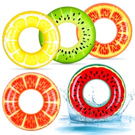 Elcoho 5 Pieces Inflatable Pool Floats 29.5 Inches Swim Tubes Rings Fruits Swimming Rings Big Beach Swimming Water Toys for Summer Outdoor Party Favors