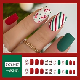 Christmas Press on Nails Medium Square Fake Nails Red White Green Stripe Acrylic Nails Winter Xmas Glue on Nails Reusable Stick on Nails for Women