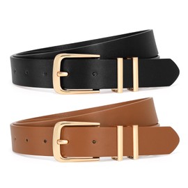 SANSTHS 2 Pack Women Belt for Jeans Pants, Simple Fashion Ladies Waist Belt with Gold Buckle, 1inch Width, Black+Brown M