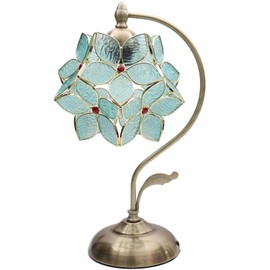 Bieye L10932 Tiffany Style Stained Glass Flower Petal Table Lamp with Brass Base for Home Décor (Light Blue, 8" Apple Blossom)