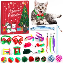 Rorchio Advent Calendar for Cats, 24 Pieces, Interactive Kitten Toy, Cat Collars, Assortments, Cat Feather Stick, Catnip Fish, Mice, Balls and Bells