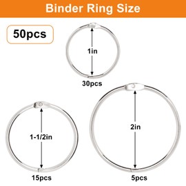 SWZHAI Large Binder Rings Assorted Sizes(1,1.5,2 inch), Book Rings 50pc, Loose Leaf Binder Rings, Rings for Index Cards, Paper Rings Metal, Flash Card Rings, Ring Clips, Book Binder Rings