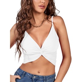 LYANER Women's Twist Knot Front Deep V Neck Rib Knit Sleeveless Cami Tank Crop Top Solid White Large