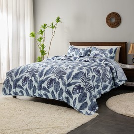 HORIMOTE HOME Tropical Plants Quilt Set Twin Size 2 Pieces, Blue Palm Leaves Rainforest Style Fine Printed Reversible Bedspreads Bedding Sets, Soft and Lightweight Bed Coverlet for All Season