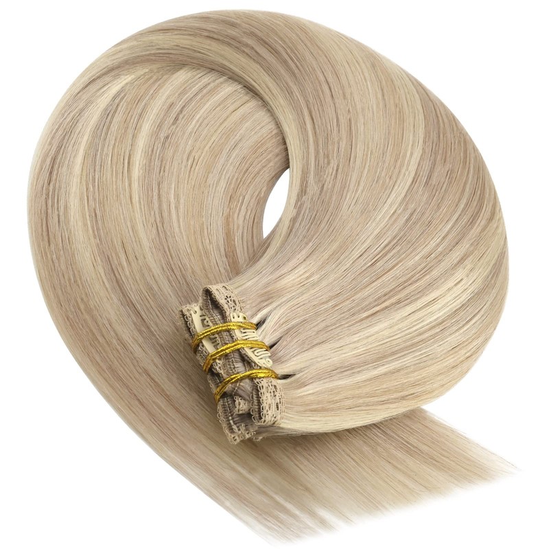 YoungSee #18/613 Clip-In Real-Hair Extensions, Blonde, Light Blonde with Strawberry