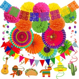 Recosis Mexican Party Decorations, Multicoloured Paper Pompom Hanging Fan Mexico Banner Hanging Swirl Garland for Birthday Festive Cinco De Mayo Fiesta Party Favours