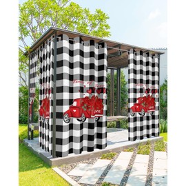 Valentine's Day Patio Outdoor Curtains Waterproof Outside Curtains Happy Red Truck Black White Buffalo Plaid Grommet Top Outdoor Vertical Drapes for Porch, Pergola, Cabana, 2 Panel, 52 x 95 inch