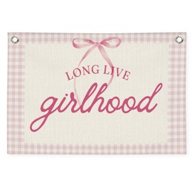 MOFUYU Girl Room Decor - Long Live Girlhood Linen Banner Retro Coquette Pink Bow Wall Hanging for Nursery, Playroom, Kids Bedroom and Aesthetic Room Decor 30x20 Inch