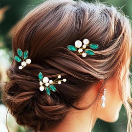 CASDRE Pearl Bride Wedding Hair Pins Gold Crystal Hair Pieces Prom Hair Accessories for Women (Gold Plated-Green)