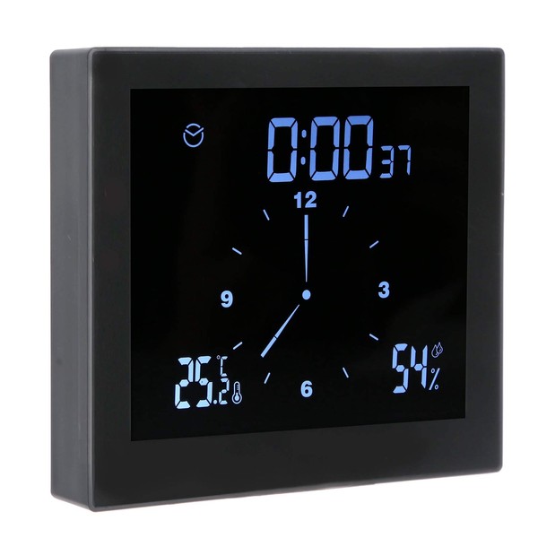 Shower Clock with Suction Cup, IP65 Waterproof Temperature and Humidity Upper and Lower Limit Alarm, Digital Bathroom Shower Kitchen Clock Timer with Alarm, Bathroom Clock 3.5x10.5x11.5 cm(black)