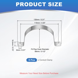 PATIKIL 89mm Rigid Pipe Strap, 5 Pcs 304 Stainless Steel Conduit Clamp 2 Hole Thicken U Bracket Pipe Clamp Tube Strap for Pipe Cable Wire Fixing, (3-1/2")