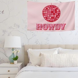 Trendy Tapestry HOWDY Vintage Music Disco Ball Pink Flags for College Dorm Easy Hanging 90 * 150cm - Home & Party Decoration