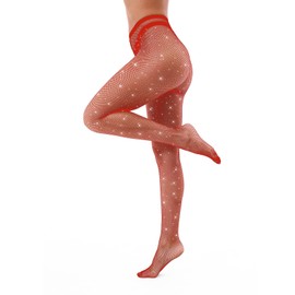 VEBZIN Red Fishnet Stockings for Women Rhinestone Fishnets Leggings High Waist Stockings Sparkly Fishnet Tights