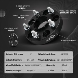 LUJIANI 4 Pack 5x114.3mm Wheel Spacers for Odyssey Escape Accord CR-V, 1" Thick Forged Hubcentric Tire Spacer, M12x1.5 Thread Studs & 64.1mm Centric Bore, 5x4.5 Hub Centric Wheel Adapters