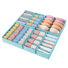 DIMJ 6 Pack Foldable Fabric Drawer Organizer Bins, 57 Cells Dresser Drawer Dividers for Clothing, Scarves, Belts, Ties - Blue