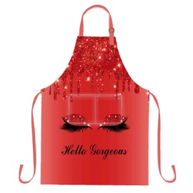 SSCSTS Hello Gorgeous Unicorn Eyelash Apron with 2 Pockets, 26.5x33.1in, Adjustable Size Bib Red Aprons for Men Women Kitchen Cooking Baking Gardening WQLSSS22